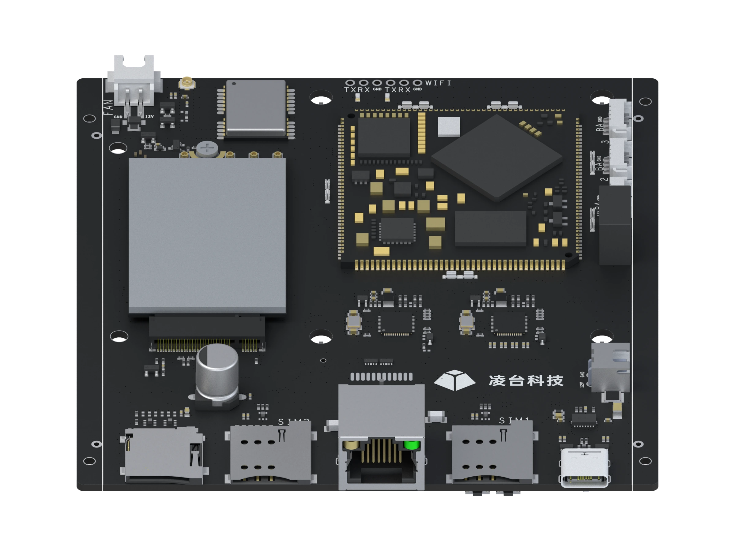 Hub 终端黑色 PCB，展示双芯主板、双 SIM 卡槽、以太网接口与元件布局，CAD 设计渲染